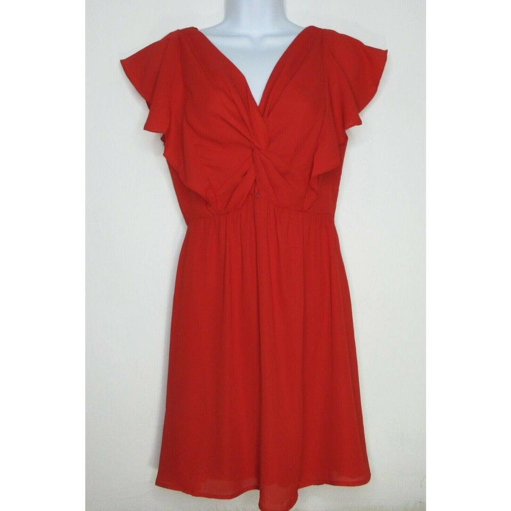 Red Fit & Flare Dress Size S Lined Ruffle Butterfly Sleeves Zip Crossover Front